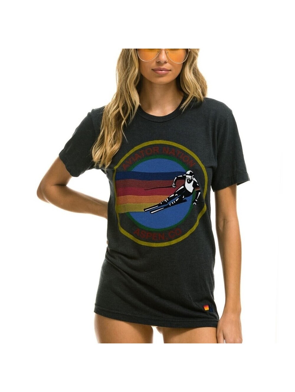 Aviator Nation Signature Aspen Tee Shirt Heather Gray Colorful Skier Unisex XS